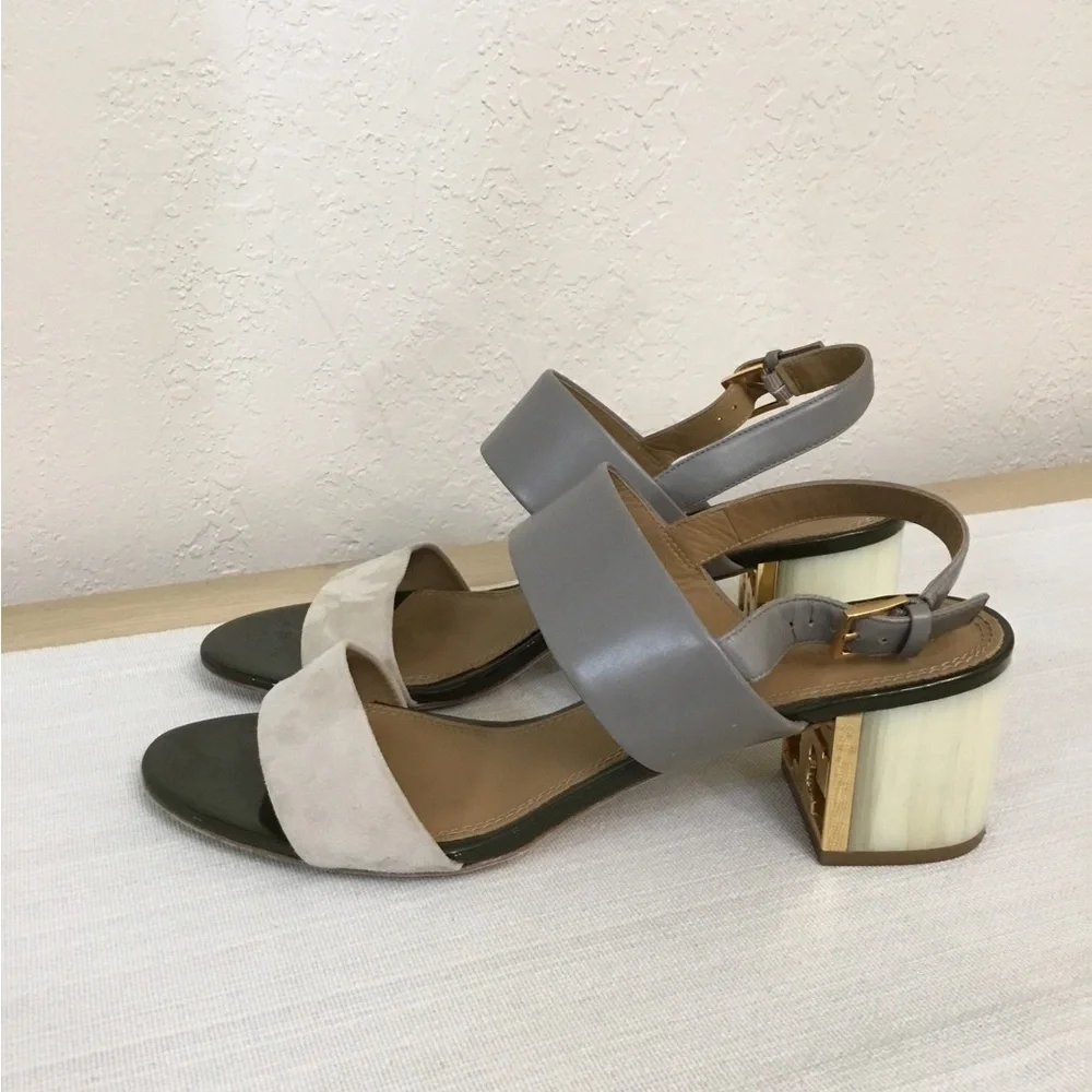 Tory Burch Gigi T Logo Two-Tone Block Heel Sandals in Gray, Cream and gray Sz.9